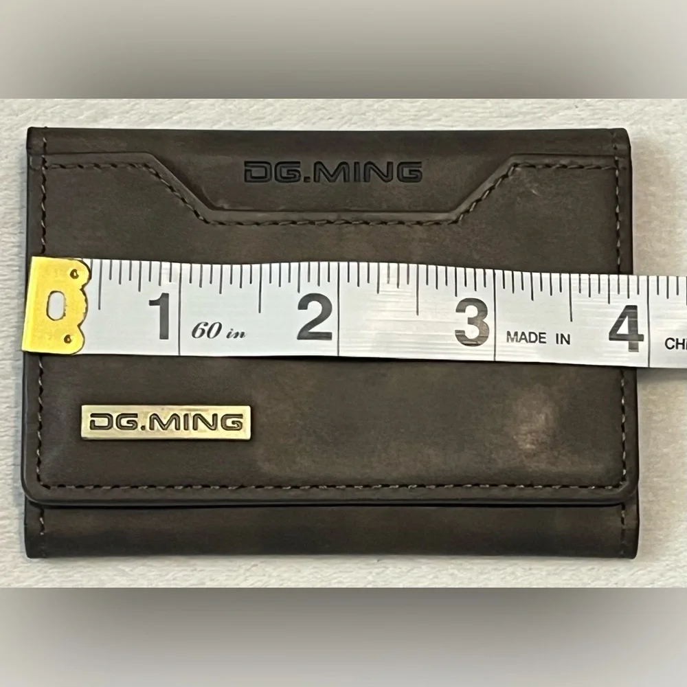 DG.MING Brown Leather Tri-Fold Magnetic Wallet